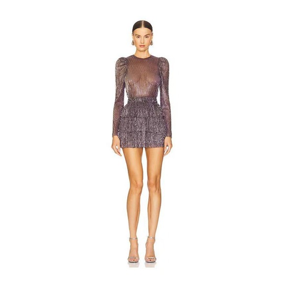 Sabina Musayev Dresses & Skirts - Sabina Musayev Purple Metallic Tiered Ruffle Mini Dress Long Sleeve Size S AS IS